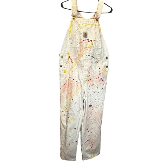 VTG customized Carhartt Overalls White Carpenter Painter‎ button fly bibs